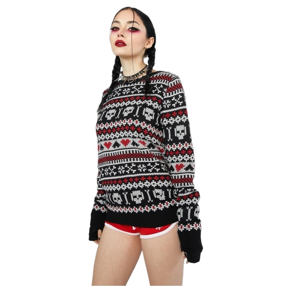 NWT Dolls Kill Too Fast Skull Hearts Sweater Sz S - Picture 3 of 11